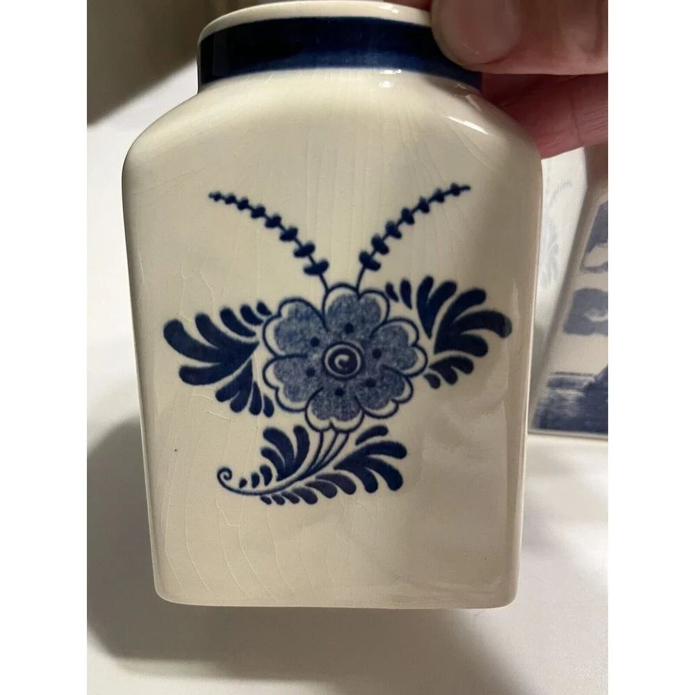 Pair of Delft Blue White Lidded Jars Spice Vanity Windmill Sailboat